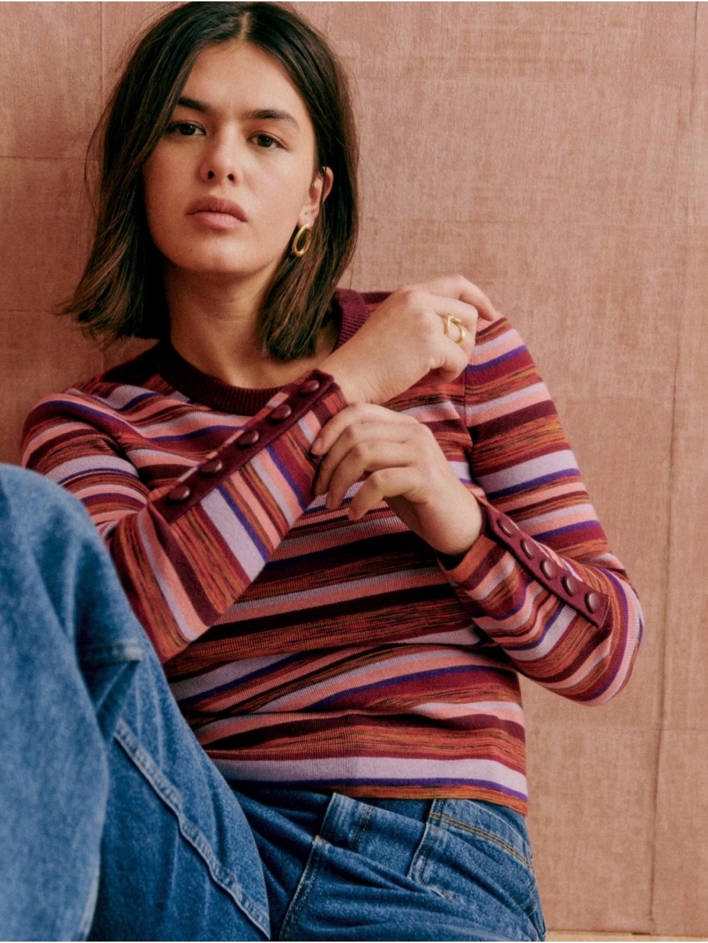Sezane Clovis Striped Long-Sleeve Knit Top in Burgundy and Pink